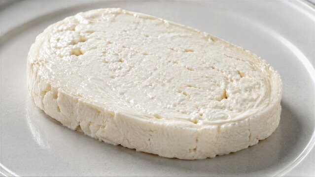 Close-Up of an Oval Block of Fresh Creamy Cheese on a Plate