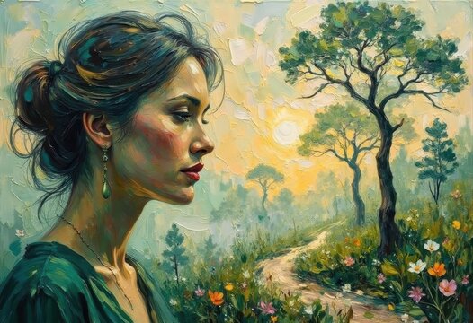 Elegant Woman with Wavy Hair in Nature Scene with Trees and Flower Garden
