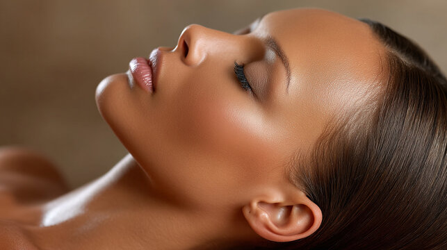 Woman face with glowing skin and soft lighting close up portrait, wellness