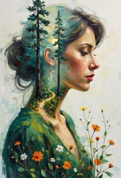 Artistic Portrait of Young Woman with Nature Elements and Floral Accents