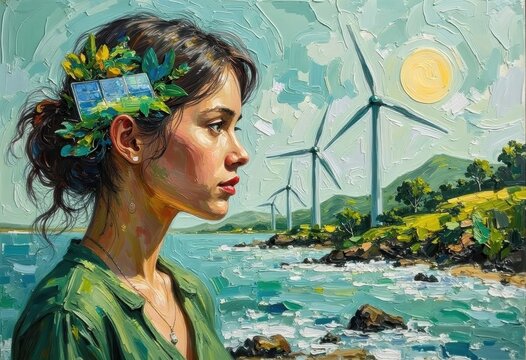 Artistic Portrait of a Young Woman with a Green Plant Crown Against Wind Turbines and Nature