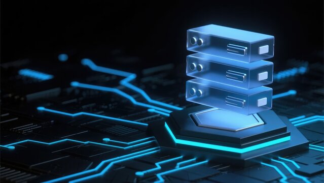 Futuristic cloud computing server stack connected by glowing blue circuit network, idea for data center, database, hosting, cybersecurity and IT infrastructure banner