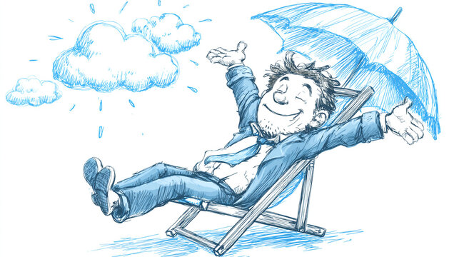 Sketch of a relaxed business man sitting on a deck chair under an umbrella with vacation