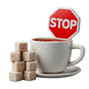 Cup of steaming beverage topped with stop sign symbolizing moderation with evoking themes moderation healthy choices minimalist isolated on a transparent background