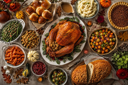 Roast turkey feast with autumn sides celebrates seasonal gathering.