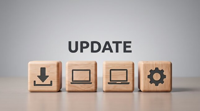 Wooden cubes showing computer icons below update typography. Concept of software system upgrade, device firmware installation, and IT maintenance.