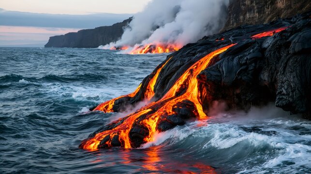 Molten lava flowing into pacific ocean creating steam