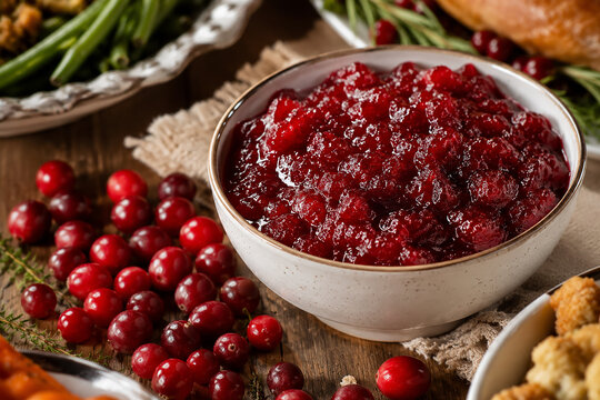 Fresh cranberry sauce served in white ceramic bowl with whole fruit.