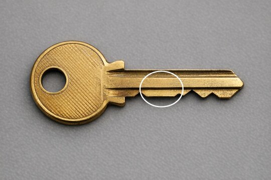 A detailed view of a single key resting on a table