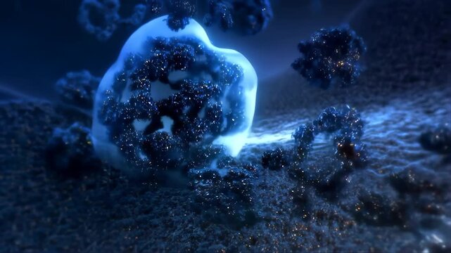 Microscopic Crystalline Formations Dissolving and Reforming in Liquid. Nanoscale Particle Motion Animation.