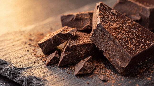 Dark chocolate chunks with cocoa powder on a stone surface, representing gourmet indulgence and rich flavor