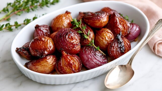 Roasted red and pearl onions with fresh thyme
