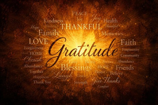 Gratitude word cloud glows with inspirational terms on dark textured.