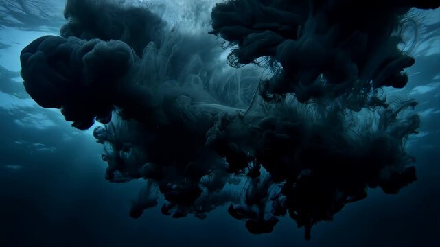 Ink Blots Dispersing and Dissolving in Water. Abstract Fluid Motion Animation with Dark Swirling Patterns.