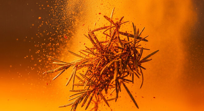 Close-up of dry rosemary sprigs exploding with vibrant red spice powder, ideal for culinary advertising, food blogging and gourmet packaging