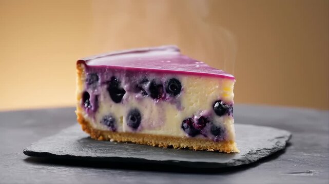 Blueberry Cheesecake Slice Being Cut with a Knife. Hyperrealistic Dessert Close-Up with Crumbly Texture and Glossy Berries.