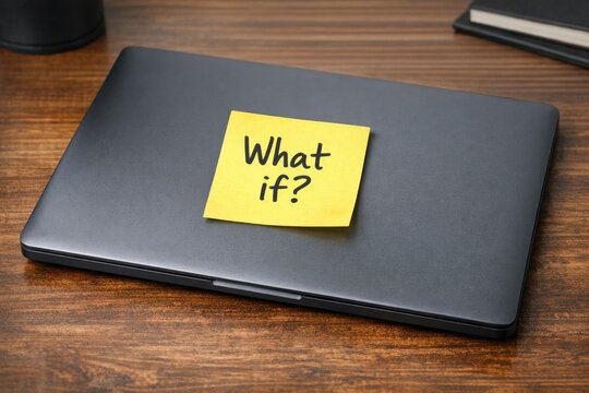 A close-up of a laptop computer with a sticky note attached, great for illustrating a idea or reminder