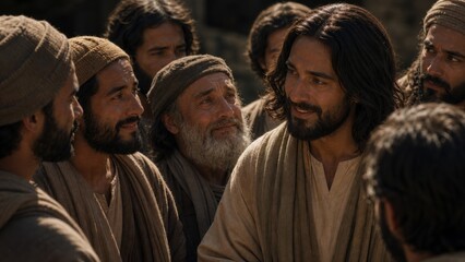 Fototapeta premium Jesus teaching his disciples about faith and freedom from worry. Biblical scene inspired by Luke 12, spiritual guidance, trust in God, and the kingdom of heaven.