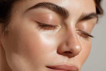 Fototapeta premium Close up of closed eyes with smooth natural skin texture, dewy glow and well groomed eyebrow, serene expression showcasing healthy skin and soft light