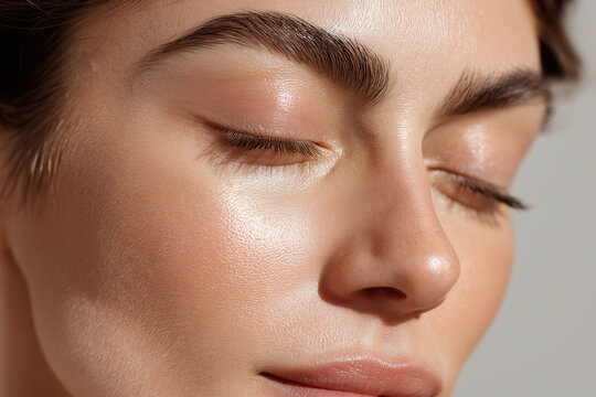 Close up of closed eyes with smooth natural skin texture, dewy glow and well groomed eyebrow, serene expression showcasing healthy skin and soft light