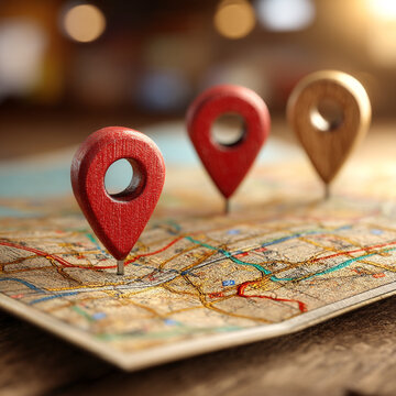 Wooden map pins on a detailed travel atlas background with navigation, location