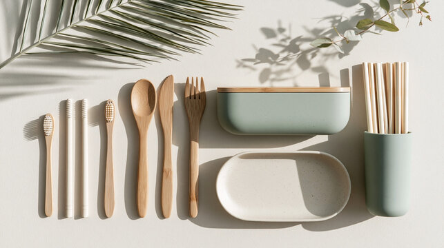 Eco-friendly bamboo kitchen utensils arranged on a light surface with a green container, a plate, and decorative foliage in a minimalist setting