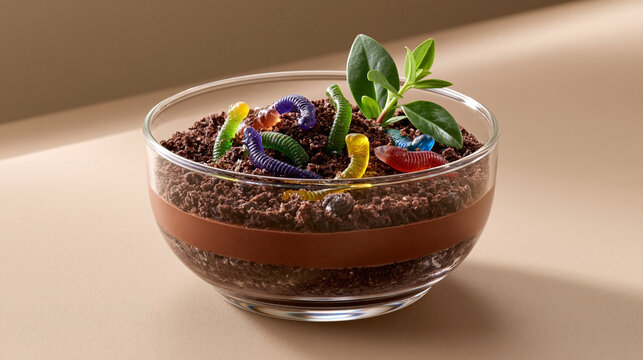 Dessert bowl with chocolate mousse layered with crushed cookies and gummy worms, garnished with a small green plant on a beige surface