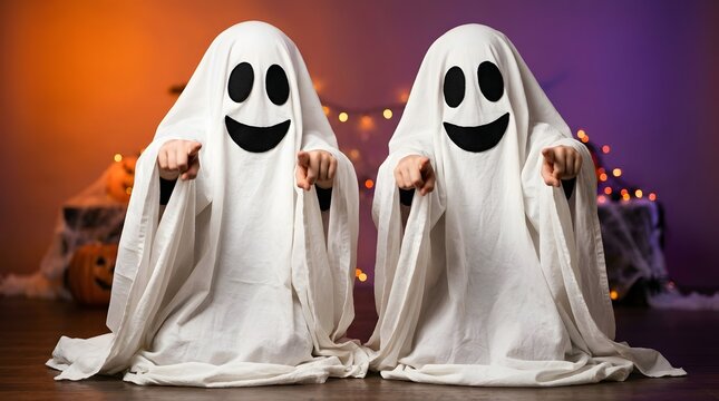 Two children dressed as ghosts trick or treating on halloween night