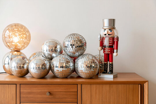 Decorative Christmas nutcracker figurine stands beside shiny disco balls and a glowing lamp on a wooden sideboard, creating a festive holiday atmosphere