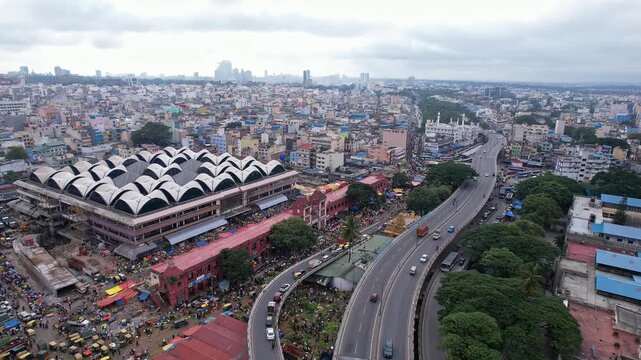 Drone view of KR market bangalore highlighting vibrant city trade and bustling surroundings