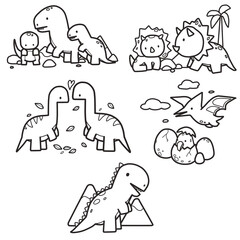 Cartoon drawing dinosaurs in various species such as Triceratop, Raptor, Gallimimus, Pteranodon and Trex © Patchanaporn