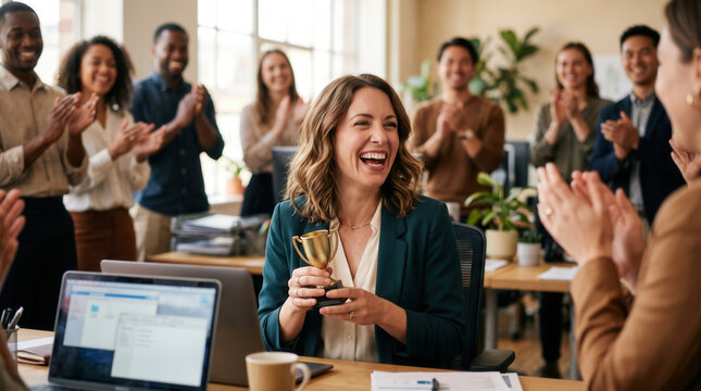 Woman holding trophy at office desk while diverse coworkers applaud during joyful workplace celebration