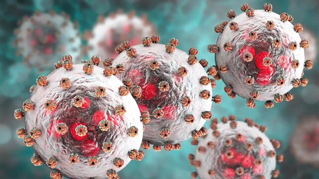 Lassa virus particles, 3D animation illustrating a viral haemorrhagic fever pathogen causing severe systemic illness and outbreaks in West Africa, transmitted via rodent reservoirs.