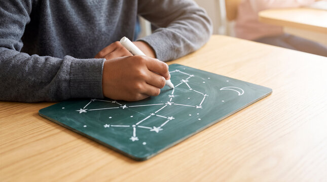 Child drawing constellation on small chalkboard at wooden desk. Education, astronomy, learning, science, classroom.