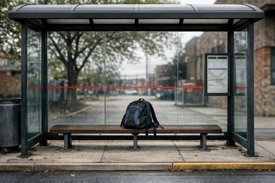 A backpack sitting on a bench at a bus stop, waiting for its owner