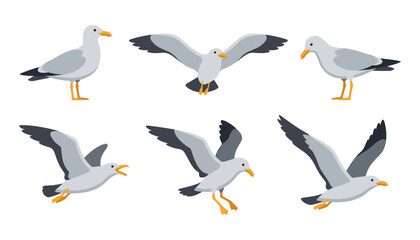 Obraz premium Seagull Bird Character Icon Set with Flying and Standing Marine Gulls for Ocean Coastline, Beach Summer Vacation, and Coastal Wildlife Vector Designs