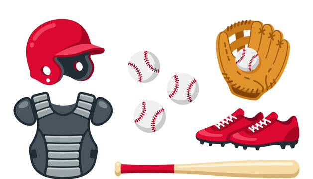 Baseball Equipment Vector Icon Set with Bat, Leather Mitt, Red Helmet, Catcher Chest Protector, Cleats Shoes, and Balls for Team Sports Game Tournament Designs