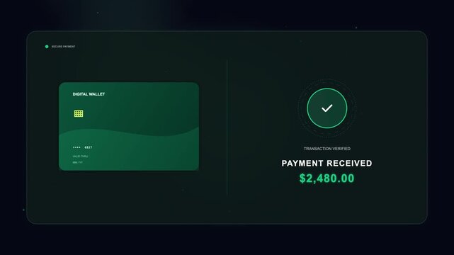 Digital wallet payment confirmation interface, green credit card transaction success, fintech mobile app UI design for online banking