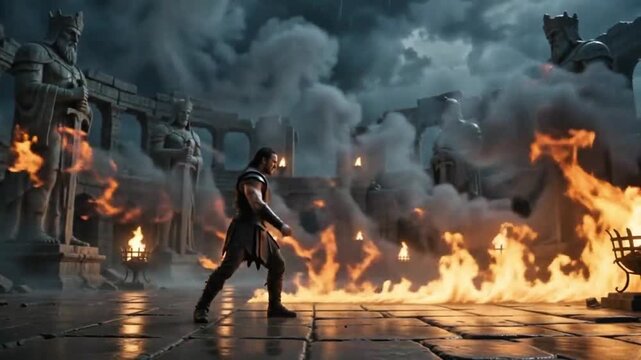 Two fantasy warriors dueling with fire and lightning magic beams in ancient arena 4k