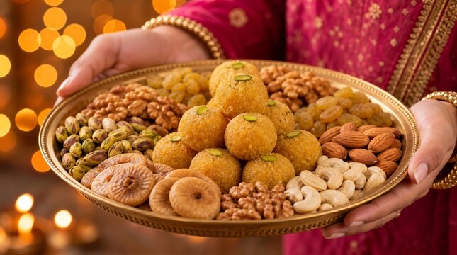 Woman Holding Golden Plate with Besan Laddu Almonds Cashews Walnuts Pistachios and Figs, Festive Traditional Indian Food Celebration