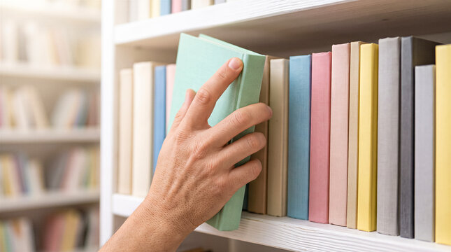 Hand selecting a light green book from white shelf filled with colorful books. Education, reading, library, bookstore, learning.