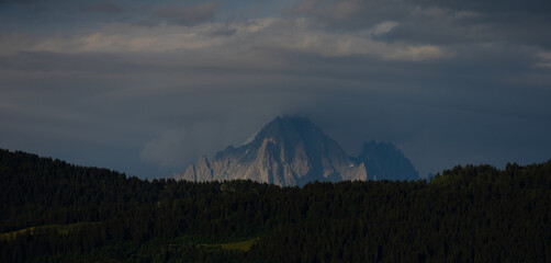 Naklejka premium Summer view of the Mont Blanc massif above forested slopes 