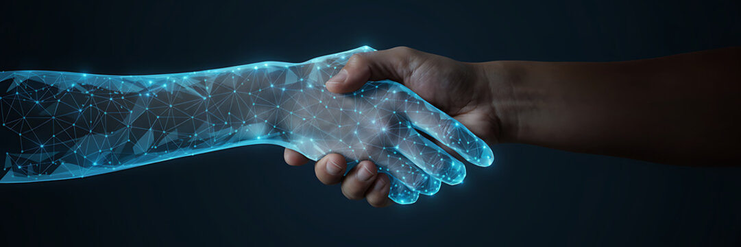 A human hand shaking a digital robotic hand made of glowing blue network nodes and lines representing artificial intelligence connection
