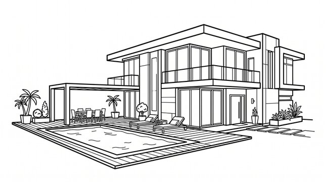 Modern luxury villa line art, contemporary house architectural sketch with swimming pool, minimalist home exterior drawing