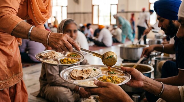 Sikh community serving food in a langar, feeding people with Indian cuisine