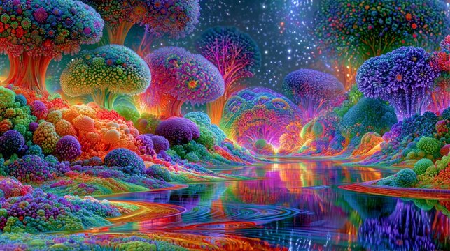 Wide panoramic psychedelic landscape with infinitely blooming geometric fractals, electric neon colors and a surreal abstract dreamlike atmosphere.