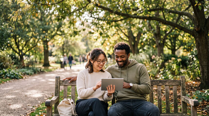 Fototapeta premium Couple using tablet computer on park bench in autumn sunlight