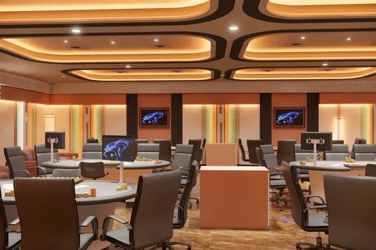 3d render animation interior design casino and playing card room retro design 