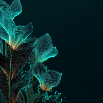 Abstract floral patterns with bioluminescent light effects on dark background, abstract