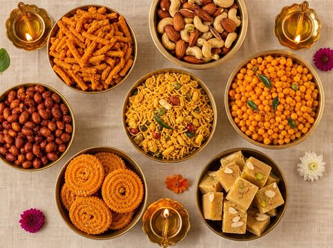 Indian Festival Snacks Including Chakli Barfi Namkeen Peanuts and Dry Fruits in Brass Bowls, Traditional Food for Diwali Celebration
